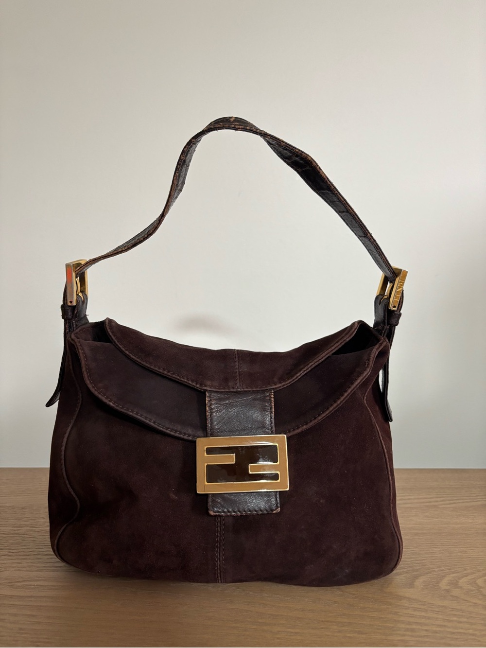 Faux Leather-Trim Suede Shoulder Bag in Dark Brown
